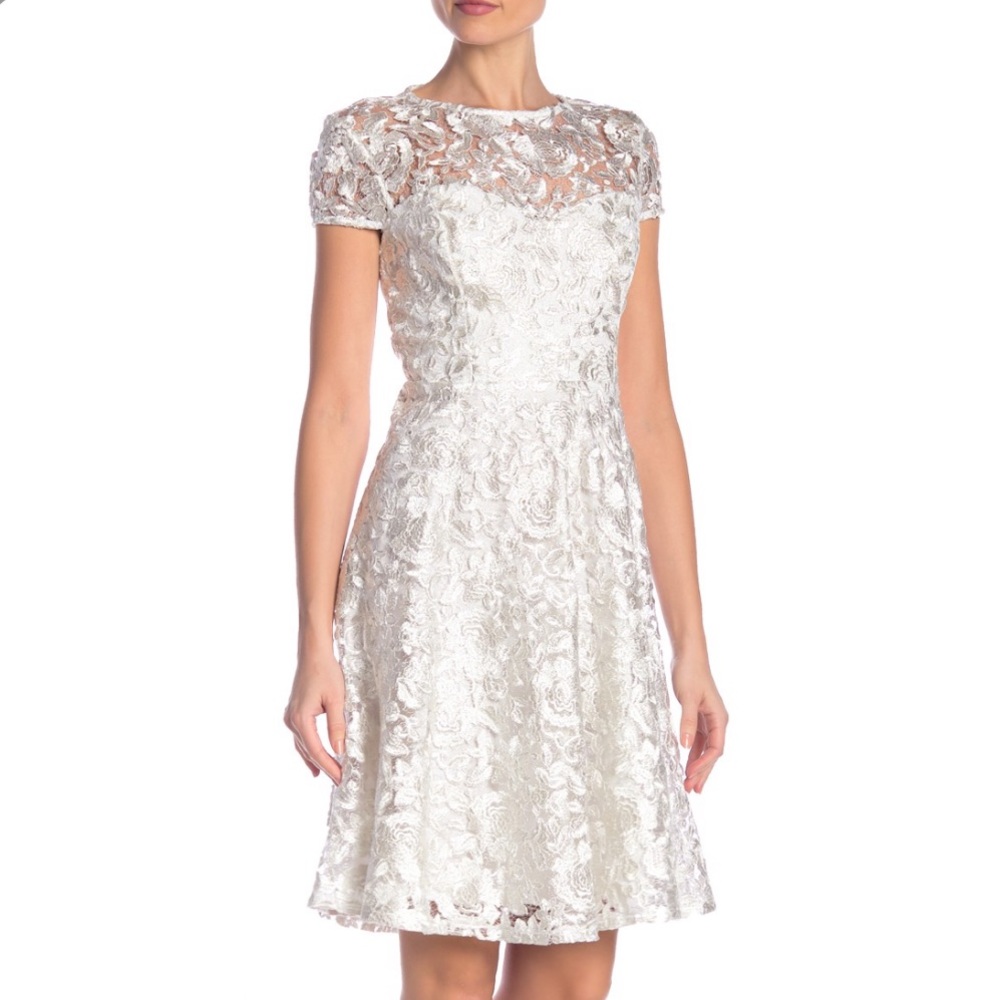 MARINA ivory lace cap sleeves fit and flare dress